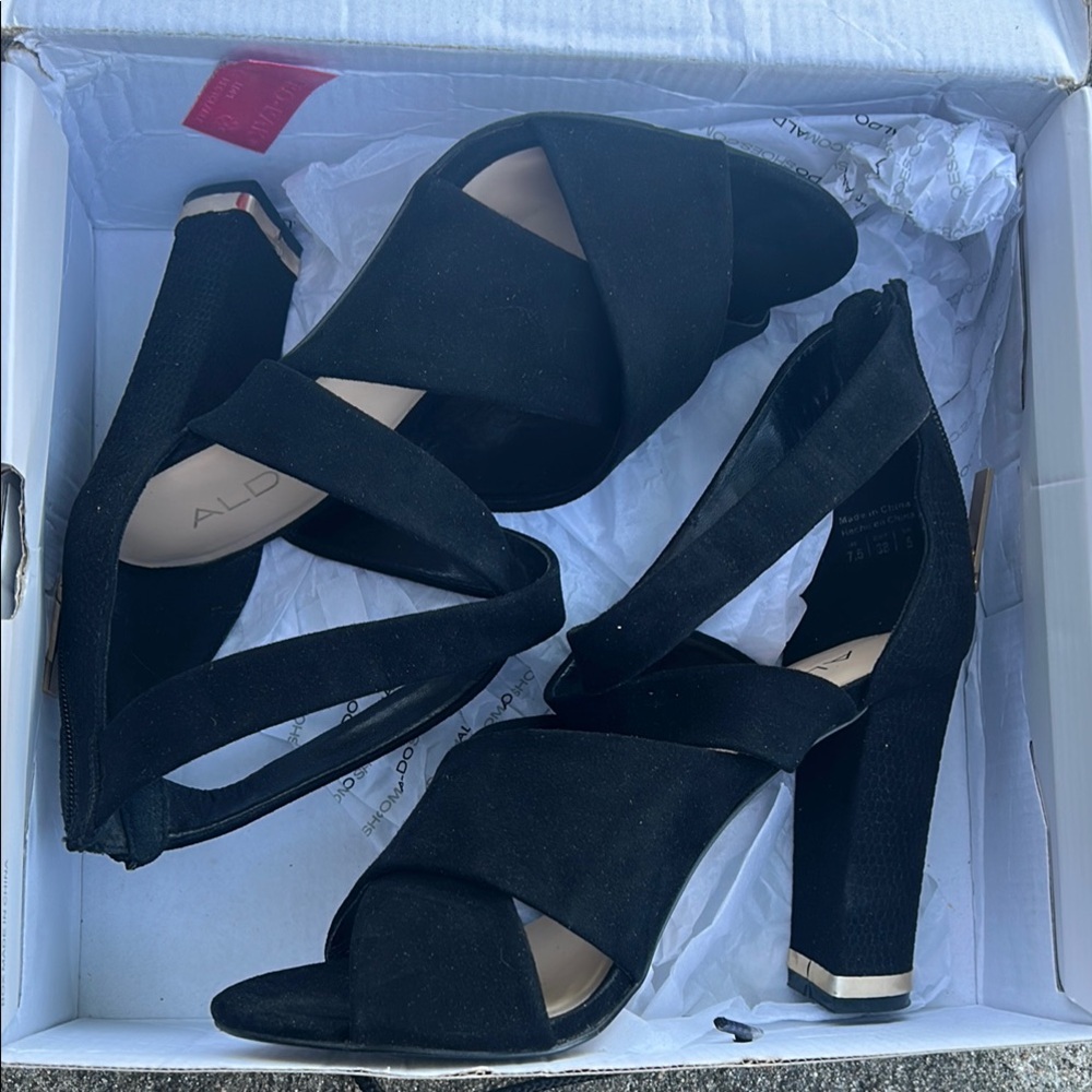 Aldo Black Block Heel Sandals with Crisscross Straps